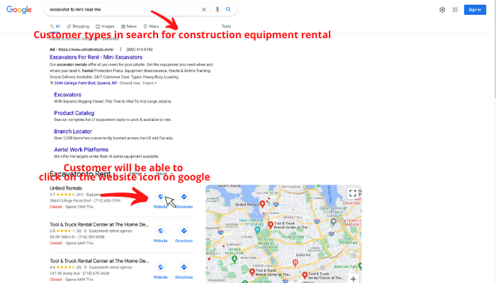 example of a customer doing a google search to rent construction equipment