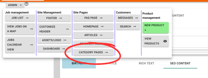 To customize the product category pages click on 'category pages' in the admin drop down