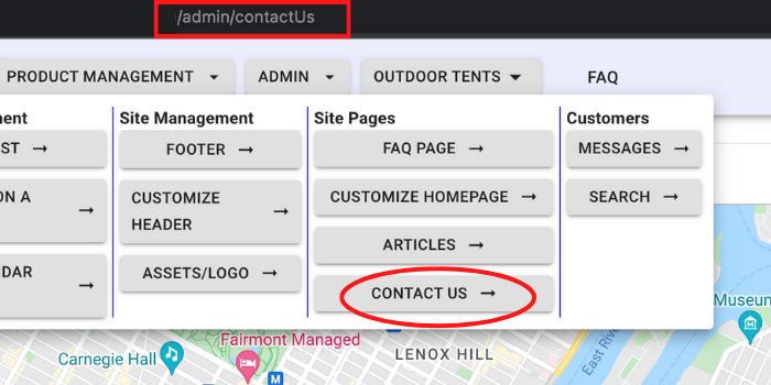 header navigation button inside party rental software that says 'contact us'