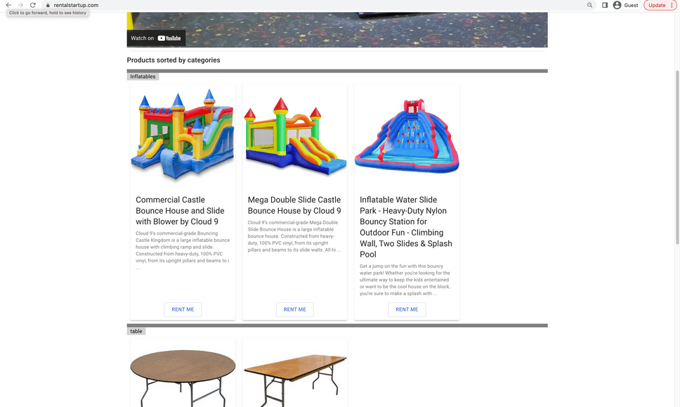 Type of homepage you will get with RentalSetup. Display your inflatables like bounce houses to rent to customers