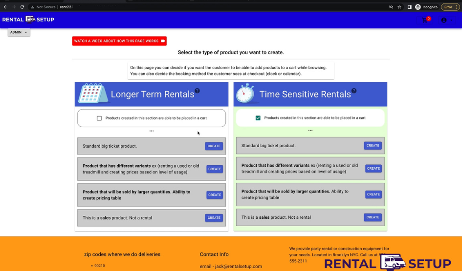 This area shows the types of rental products you can create. Rental Setup