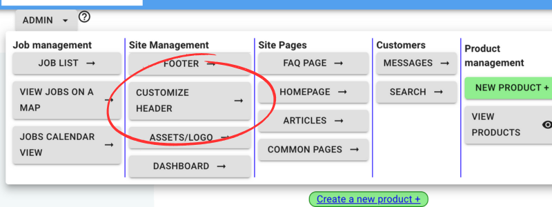 admin drop down that show where to customize the header of a dropdown inside a website builder.