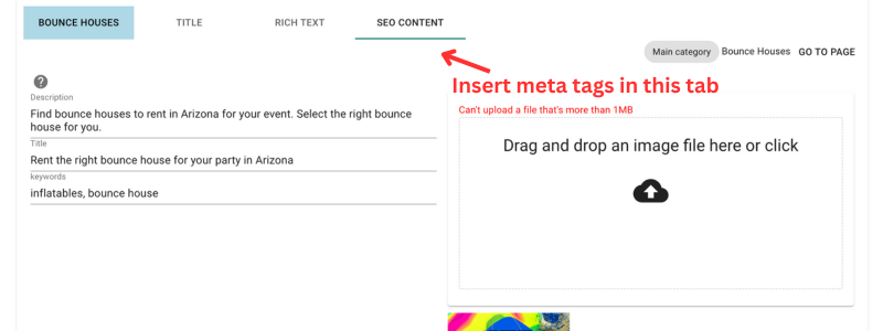 the Seo tab will help you insert meta tags to rent out bounce houses